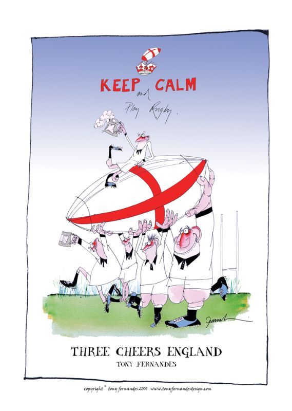 Three Cheers England by Tony Fernandes - England Test Rugby Cartoon signed print